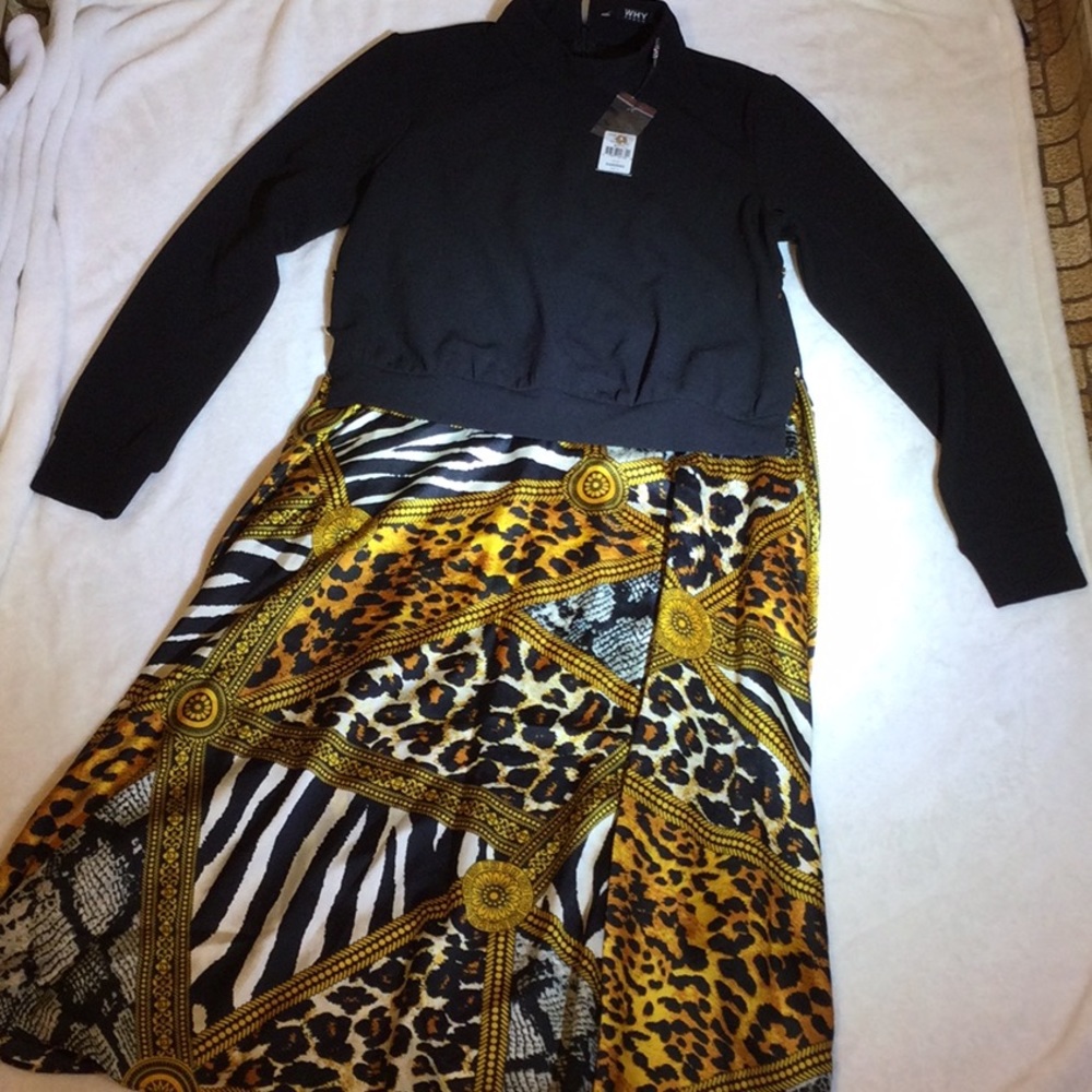 Why Dress Bohemian Leopard, Zebra Print Long sleeve Dress w/ black, white